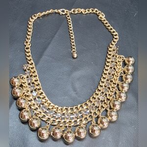 Gold Rhinestone Chunky Bib Necklace Fringe Drop Statement Glam